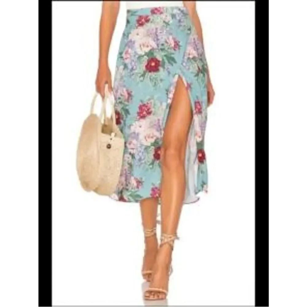 Anthropologie Show Me Your MuMu Aqua Floral Wrap Midi Skirt with Side Slit